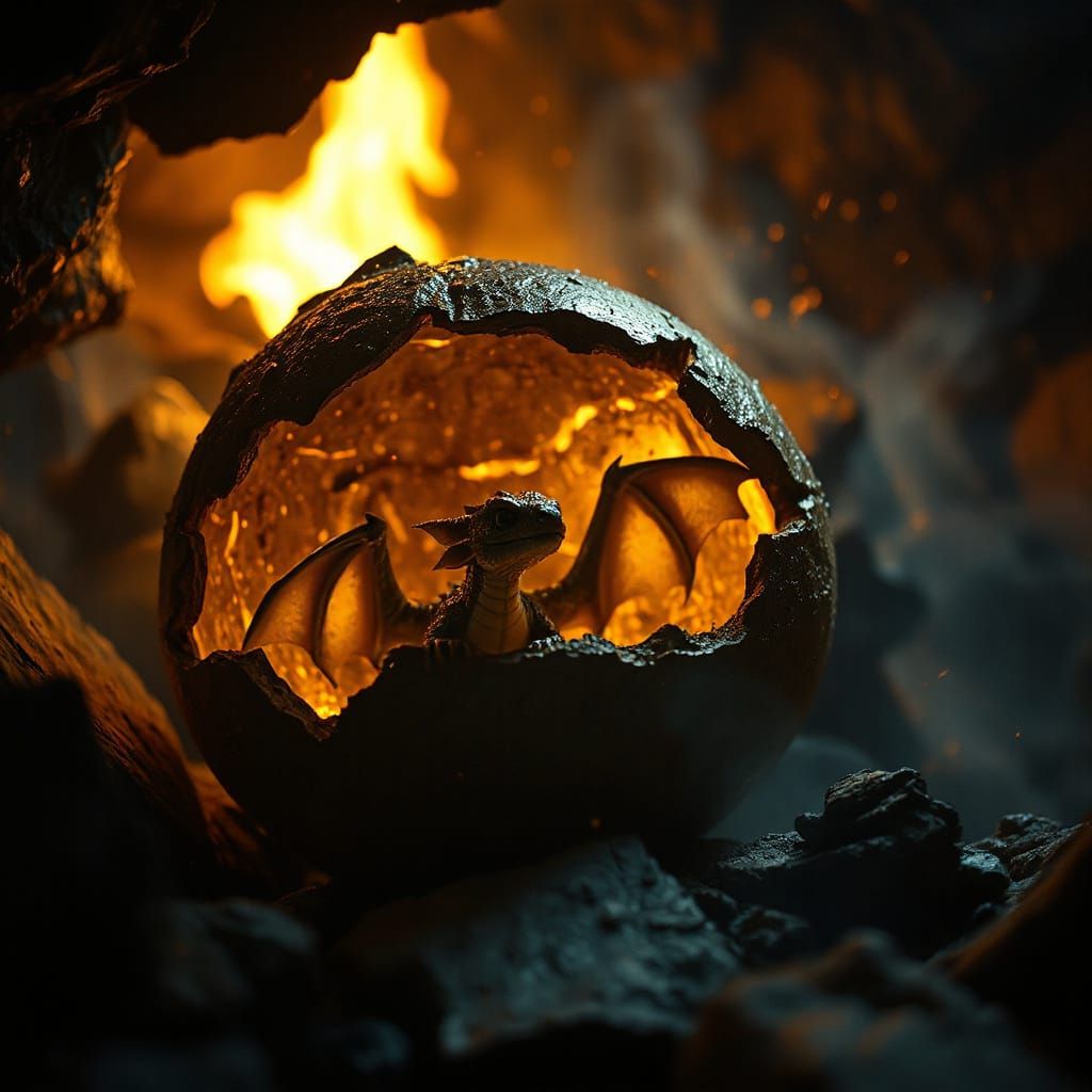 Tiny Dragon Emerges From Glowing Egg in Smoky Cavern