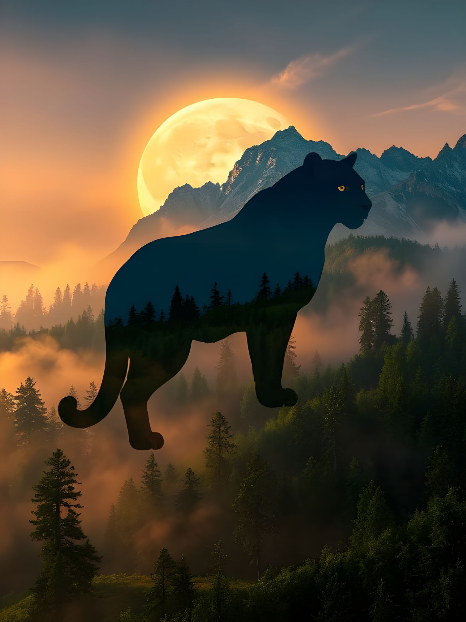 Mountain Lion Silhouette over Mystical Landscape