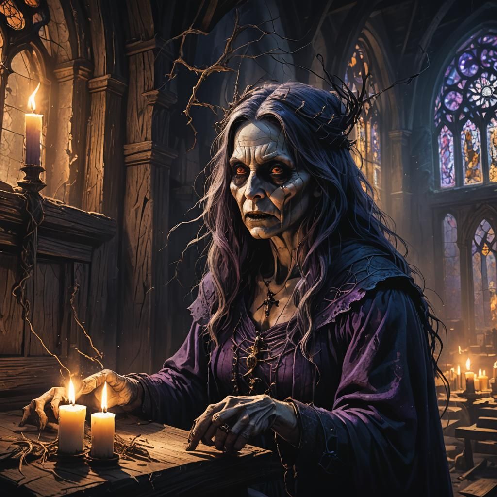 Haunting Witch Cackles in Abandoned Church: Dark Fantasy