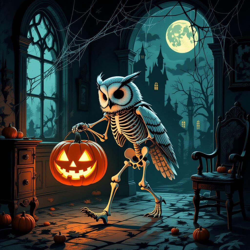Skeletal Owl Carries Pumpkin in Creepy Gothic Room