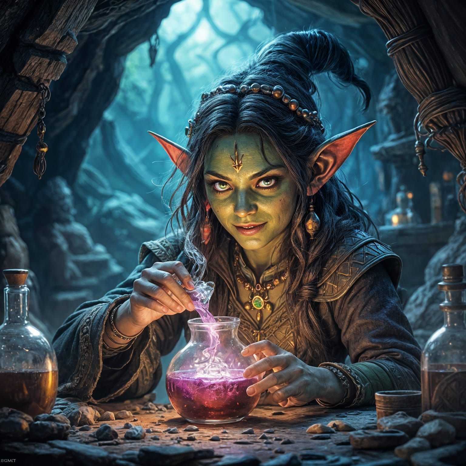Goblin Wizard Brews Potion in Detailed Cave Lab
