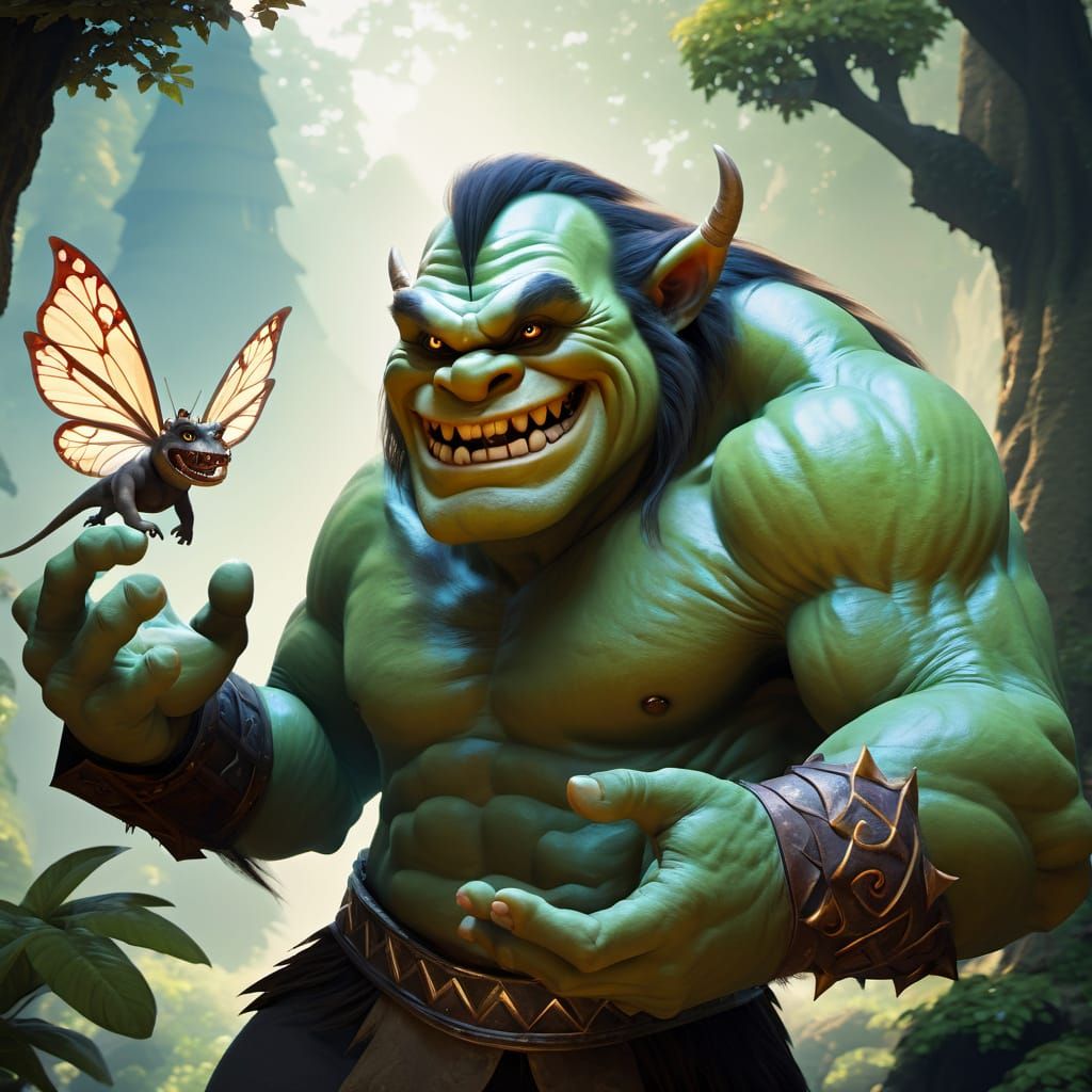 Ogre Smiling at Fairy on Palm