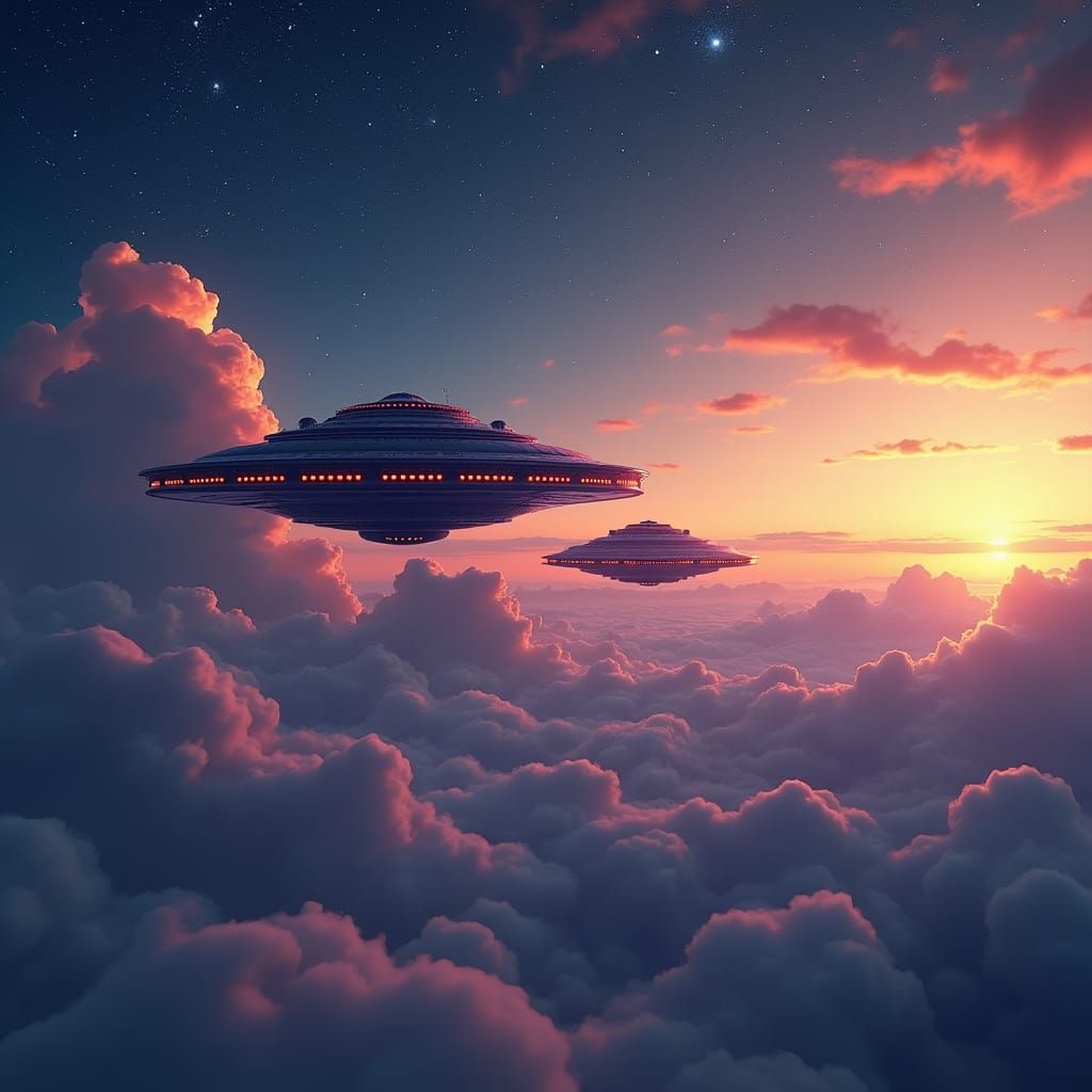UFOs Soaring in Starry Night Sky: Matte Painting