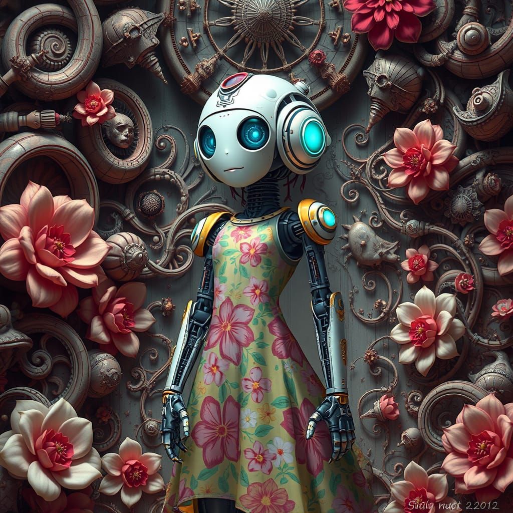 Robot Girl in Floral Dress with Swirling Patterns