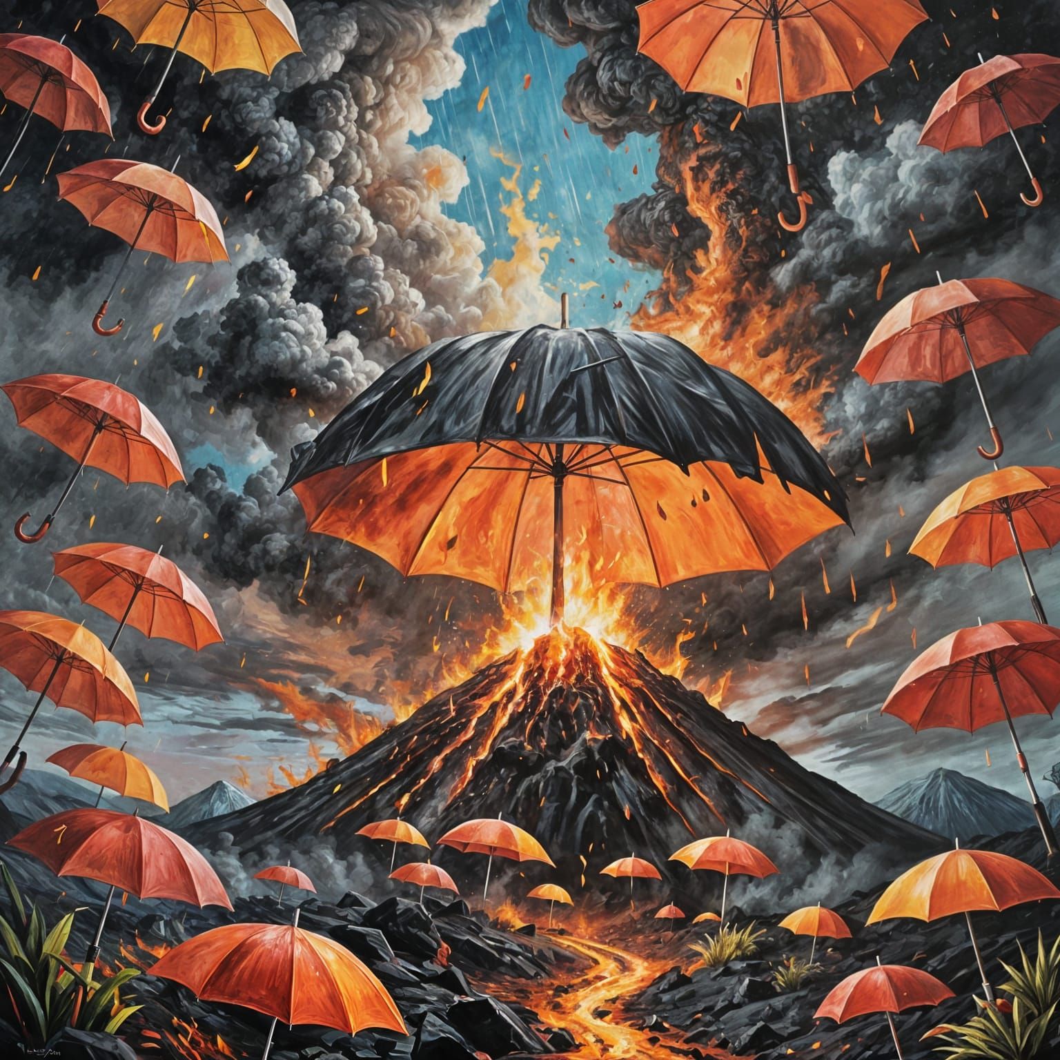 Expressionist Volcano Eruption with Umbrella