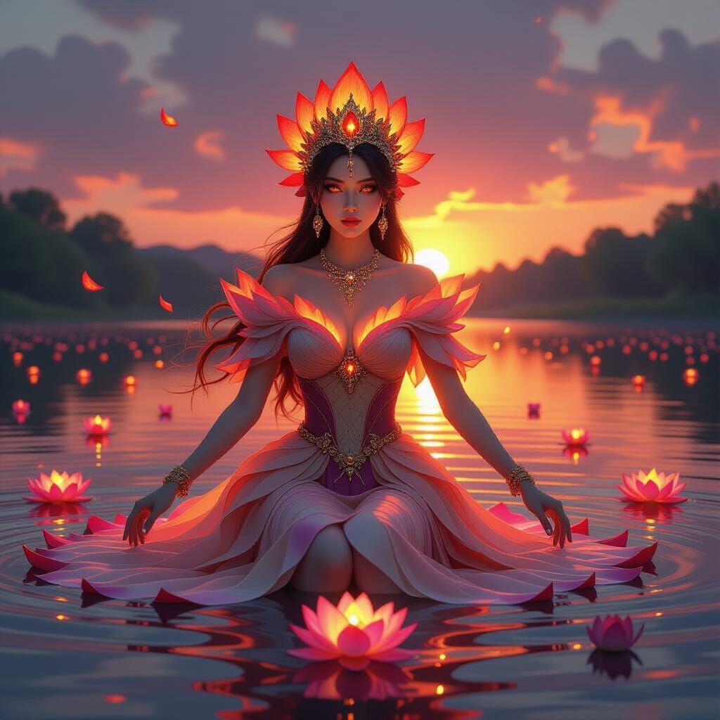 Sunset Lotus Empress: Hyper-Realistic Fantasy Illustration
