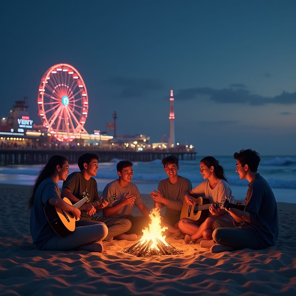 Nighttime Boardwalk Bonfire Scene with Ferris Wheel