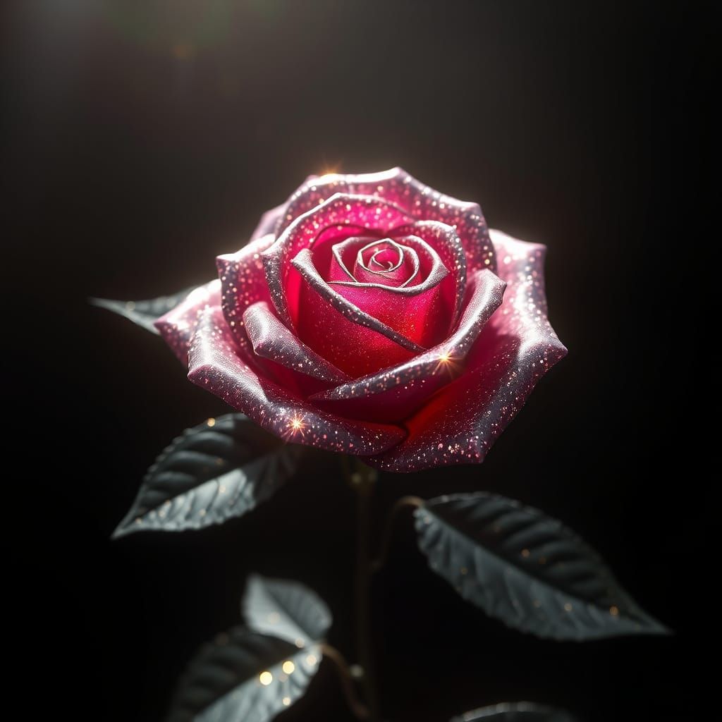Surreal Star-Stone Rose Glows on Black Velvet Night