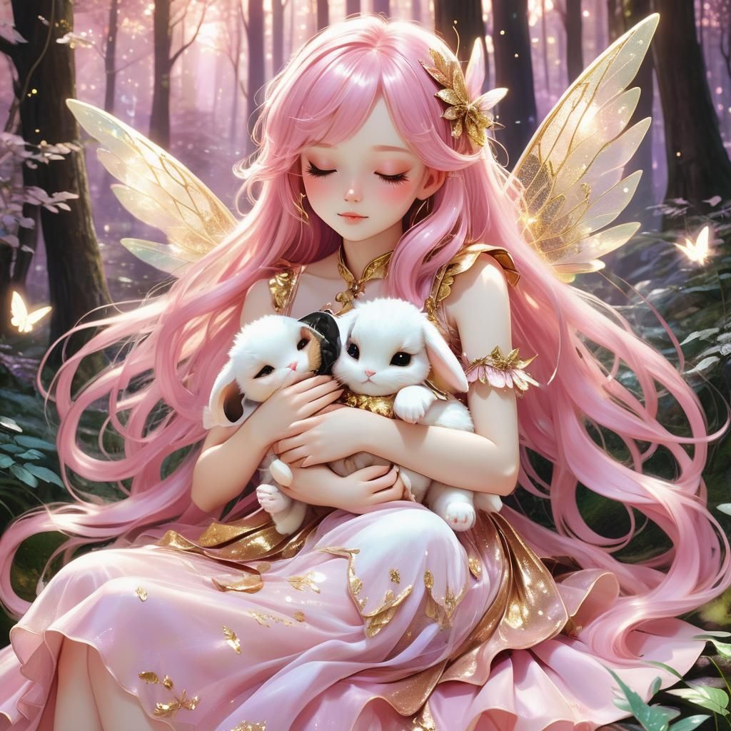 Luminous Fairy with Bunny in Enchanted Forest