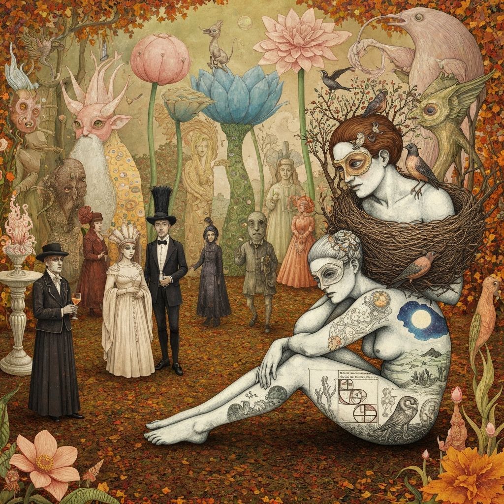 Surreal Garden Party with Bioluminescent Flowers and Masks