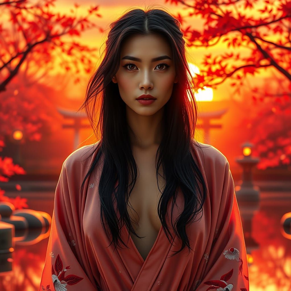 Japanese Woman in Garden at Sunset: Cinematic Realism