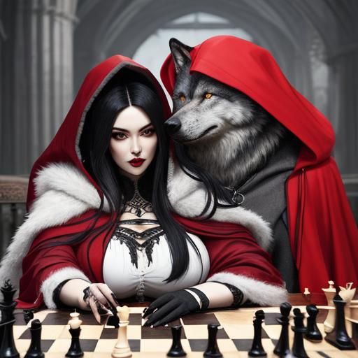 Gothic Chess Match: Woman and Wolf in Hooded Cloaks