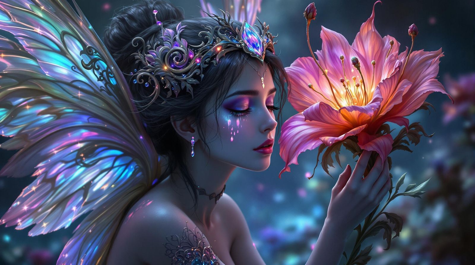 Ethereal Fairy Weeps for Withered Bloom in Dark Fairy Tale L...