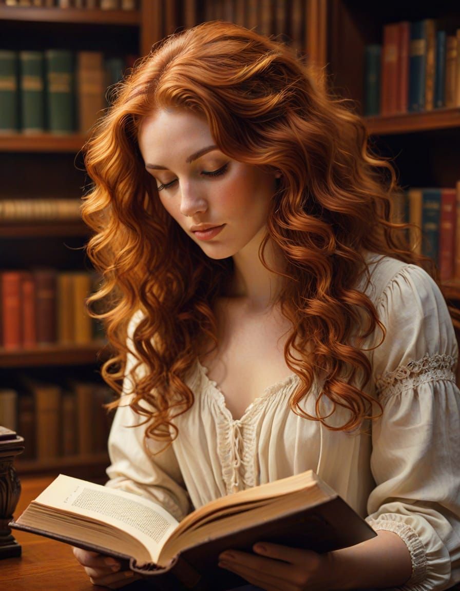 Woman with Red Hair Reading in Library, Oil Painting