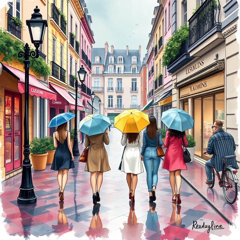 Rainy Day in a French Village, Alcohol Ink Illustration