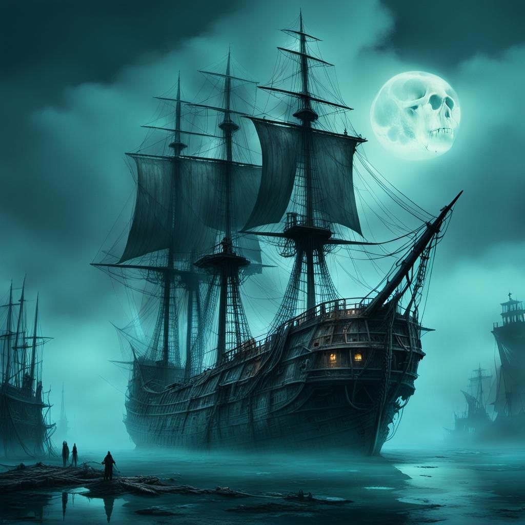 Ghost Ship Anchored Near Skull Island in Dark Surrealism