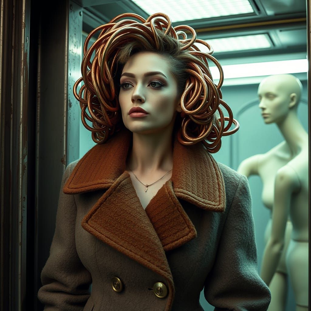 Model with Copper Hair in Dystopian Elevator
