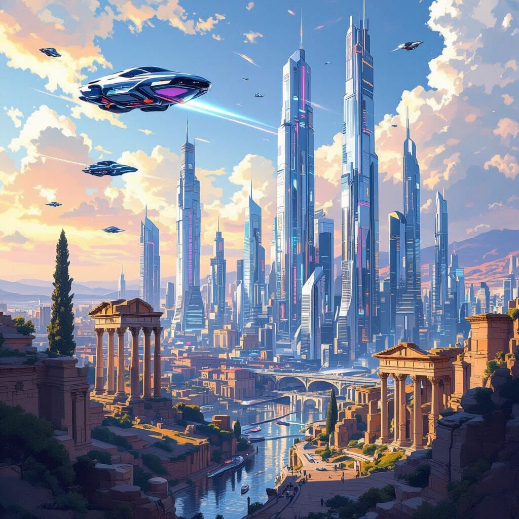 Futuristic Cityscape Merges with Ancient Roman Ruins