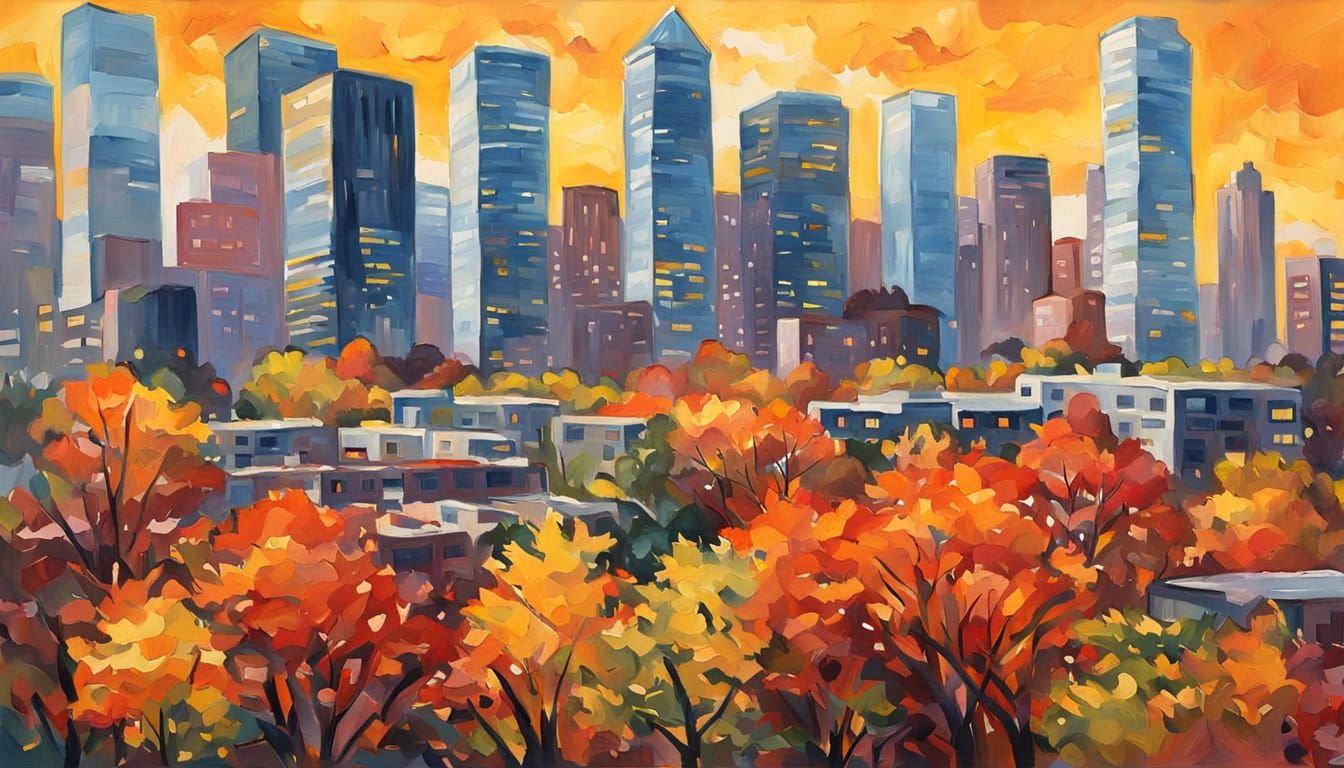 Gouache Cityscape With Autumn Scenery