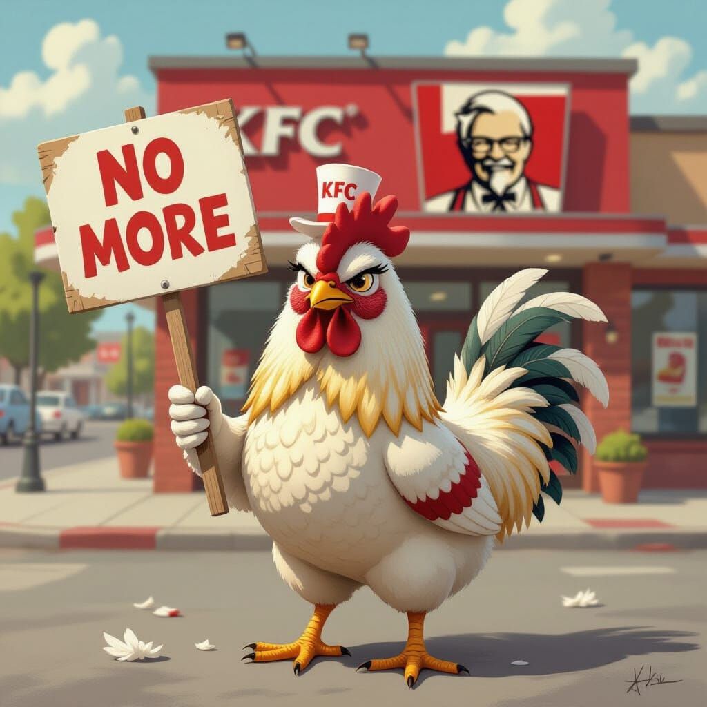 Chicken Protest at KFC: Whimsical Art Style