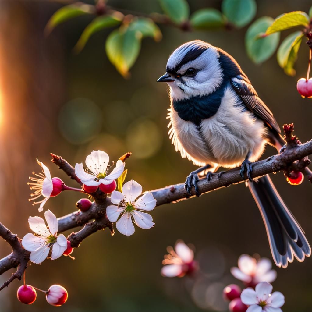 Glass Long-Tailed Tomtit on Cherry Branch