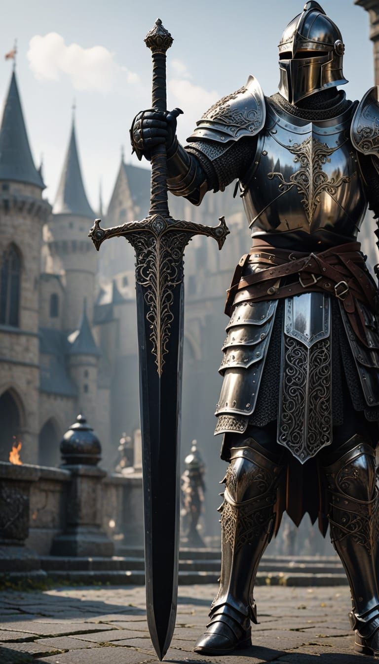 Knight with Black Sword in Hyperrealistic 3D Rendering