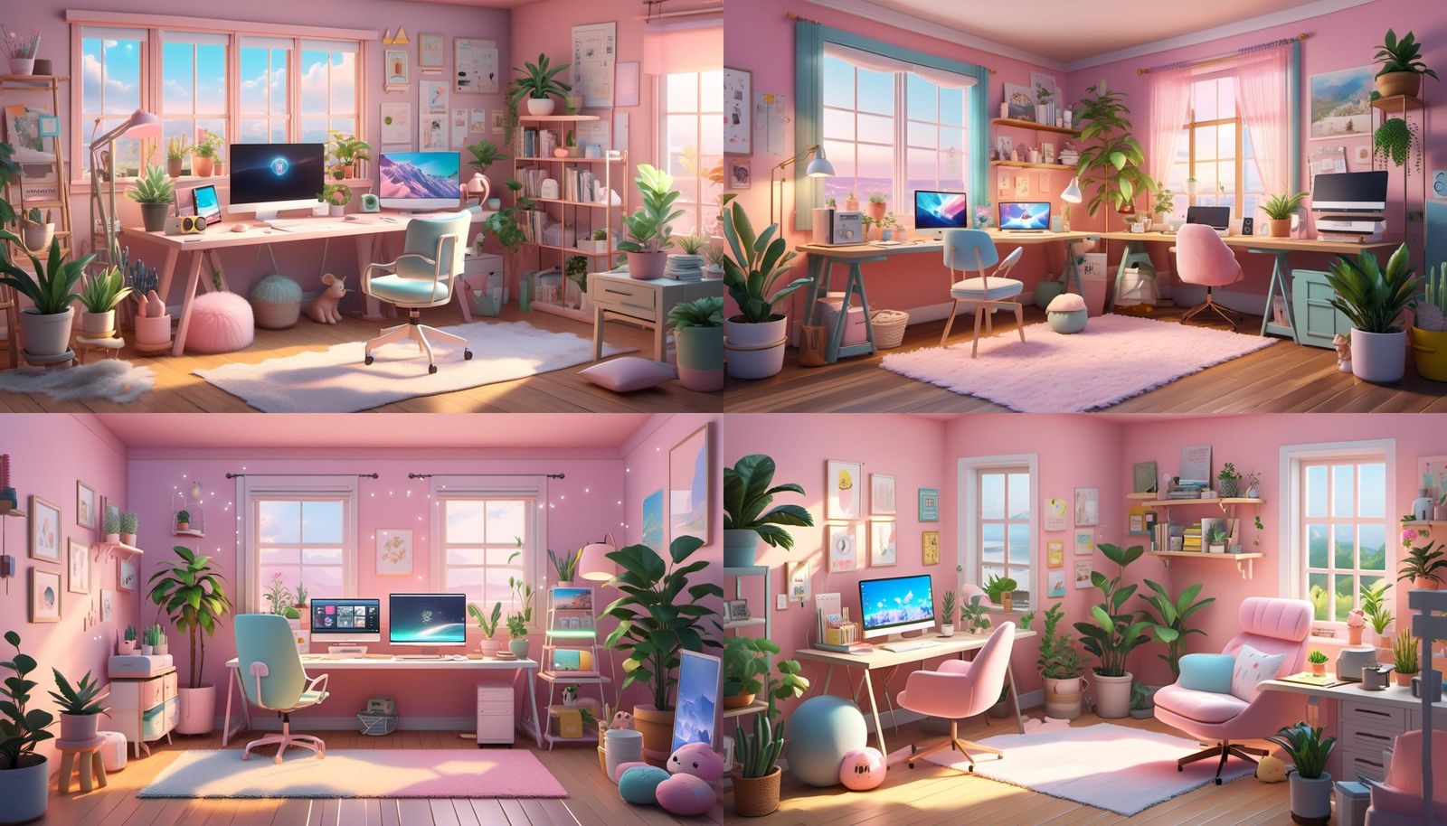 Cozy Pastel Computer Setup in Anime Style