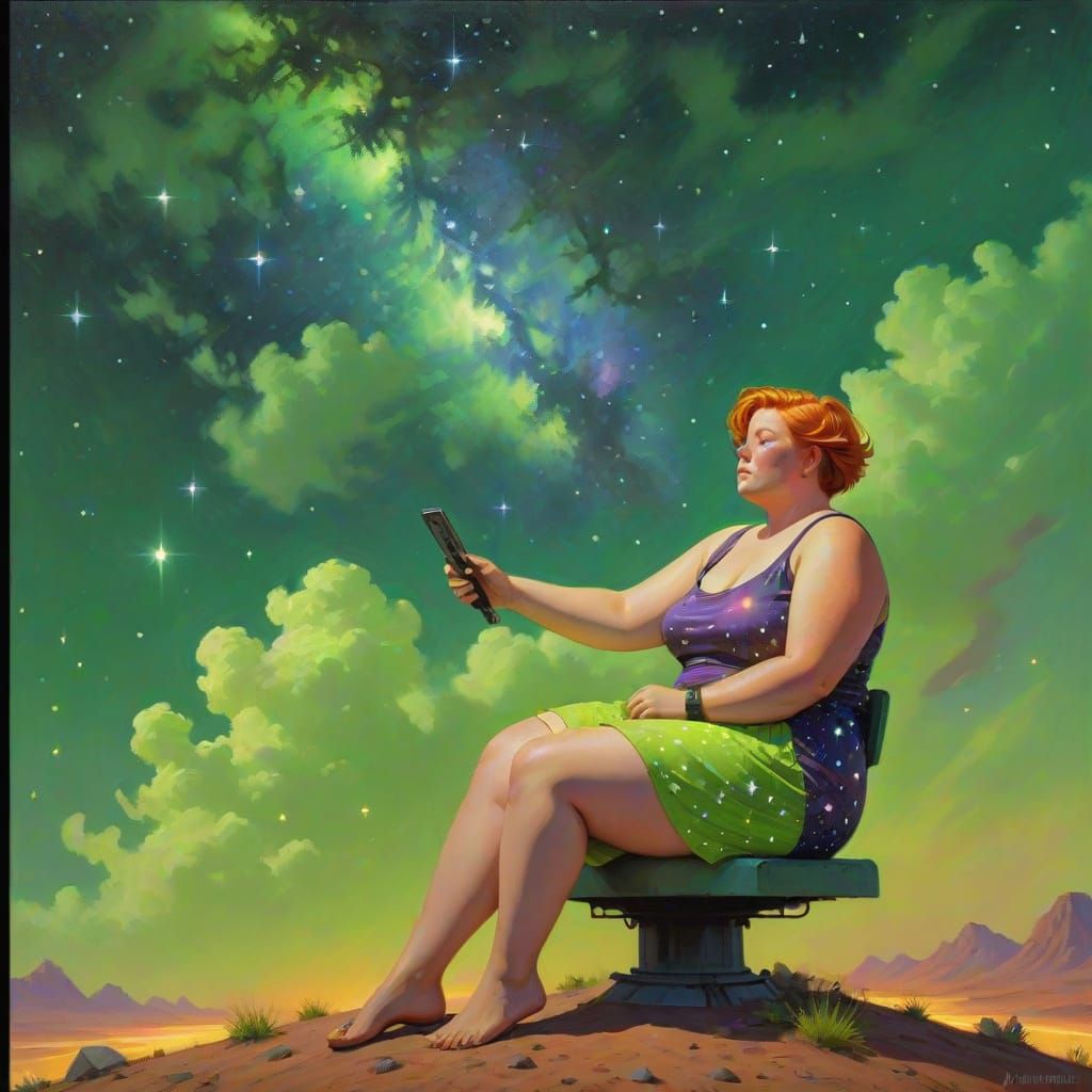 Ginger Haired Woman Under Green Starry Sky