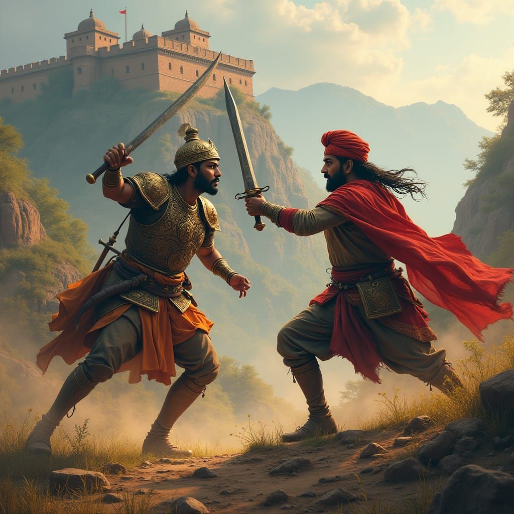 Maratha Warrior Confronts Fierce Enemy in Majestic Mountain....