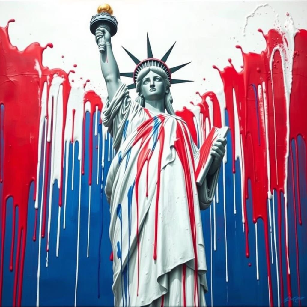 Surreal, abstract. Red, white, and blue paint dripping down the sides of the Statue of Liberty.
