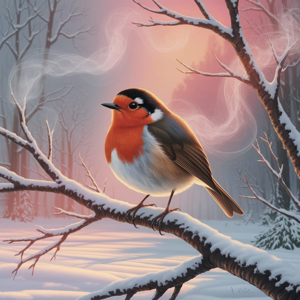 Robin in Winter Mist: A Magical Pastel Illustration