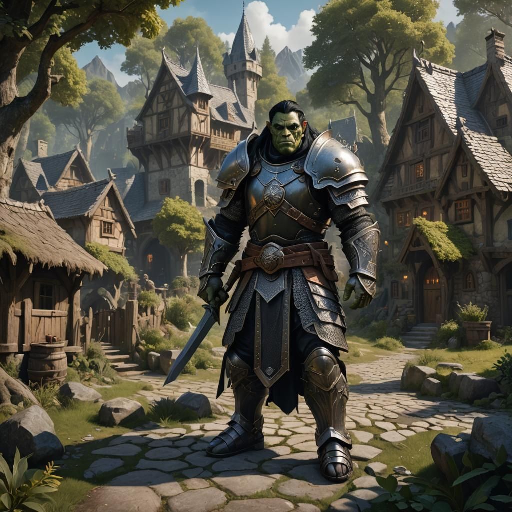 Orc Paladin Guarding Wooded Village: Fantasy Concept Art