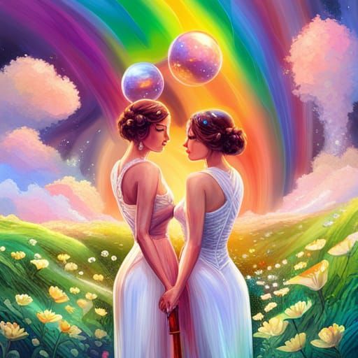 Two Brides Share Wine Under a Rainbow