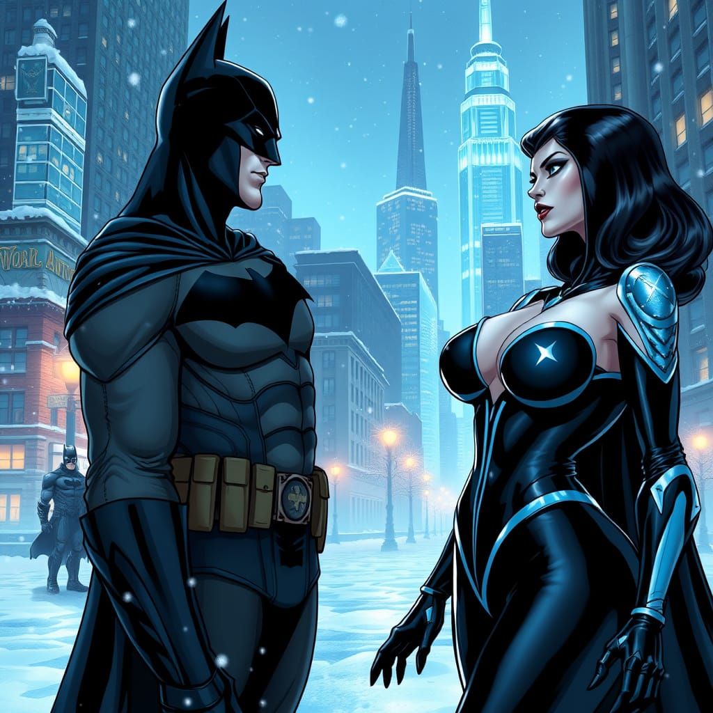 Batman Enchanted by Seductive Female Mr. Freeze in Gotham Ci...