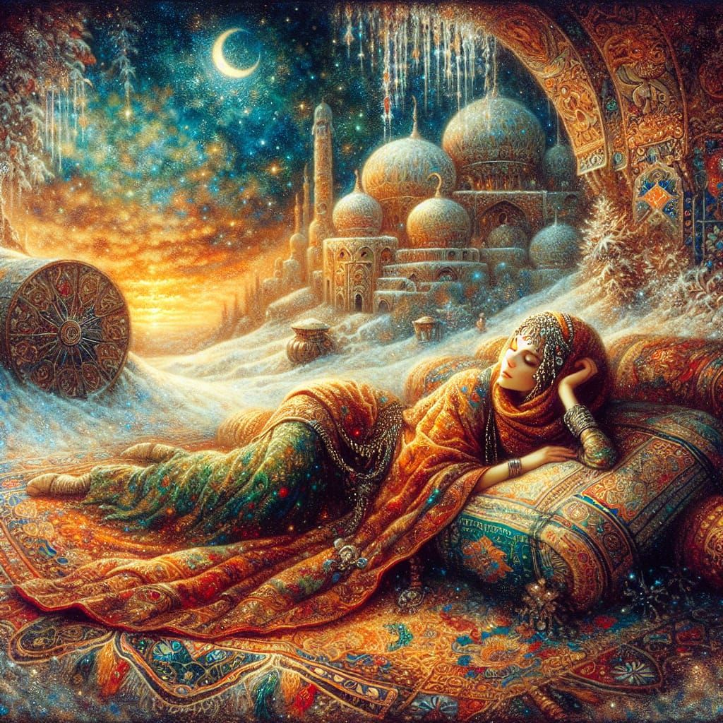 Enchanting Bedouin Woman in Whimsical Winter Desert Scene