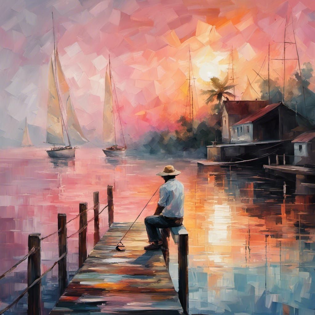 Impressionist Sunrise Fishing Scene with Impasto Strokes