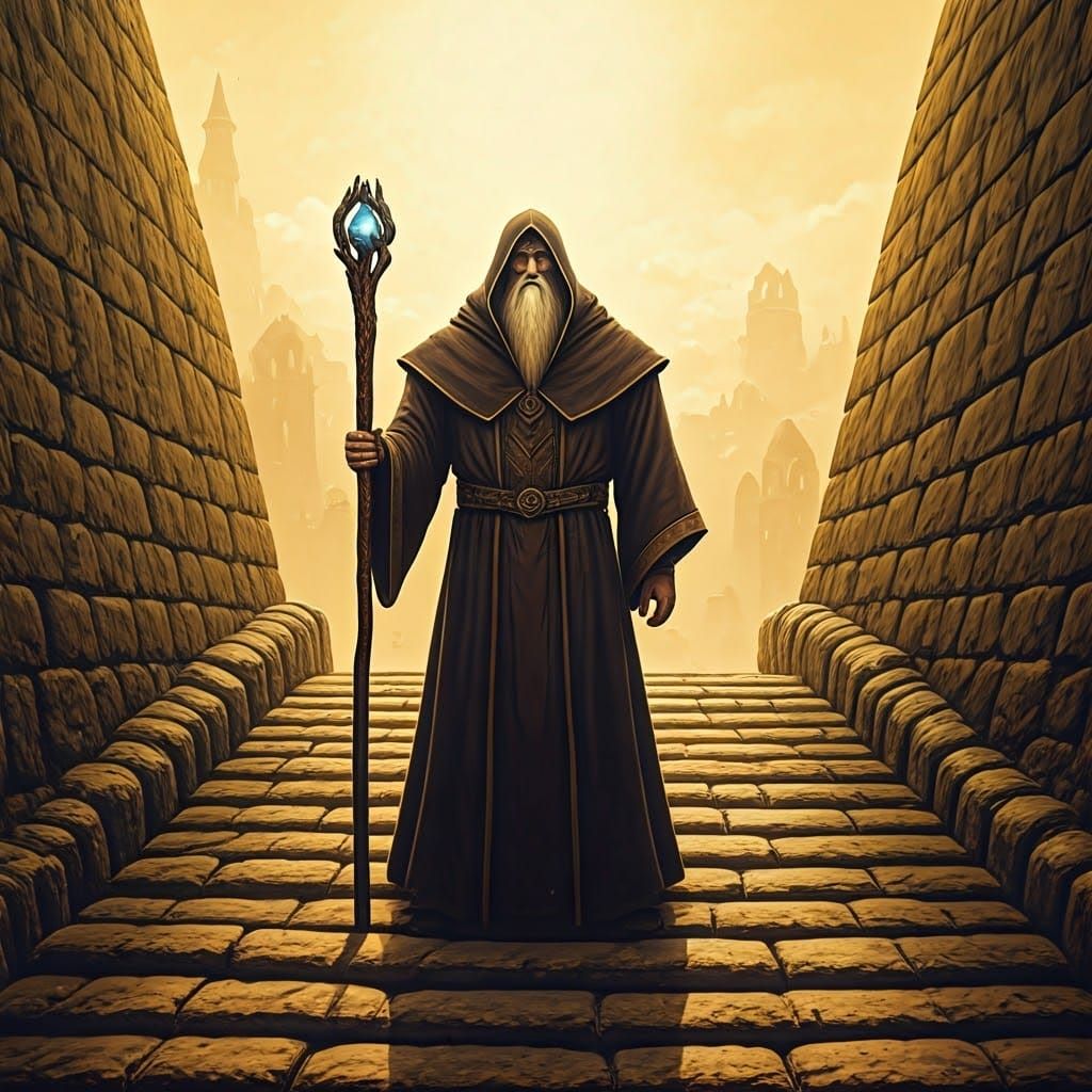 Wizard with Staff in Sepia Stone Mosaic Style
