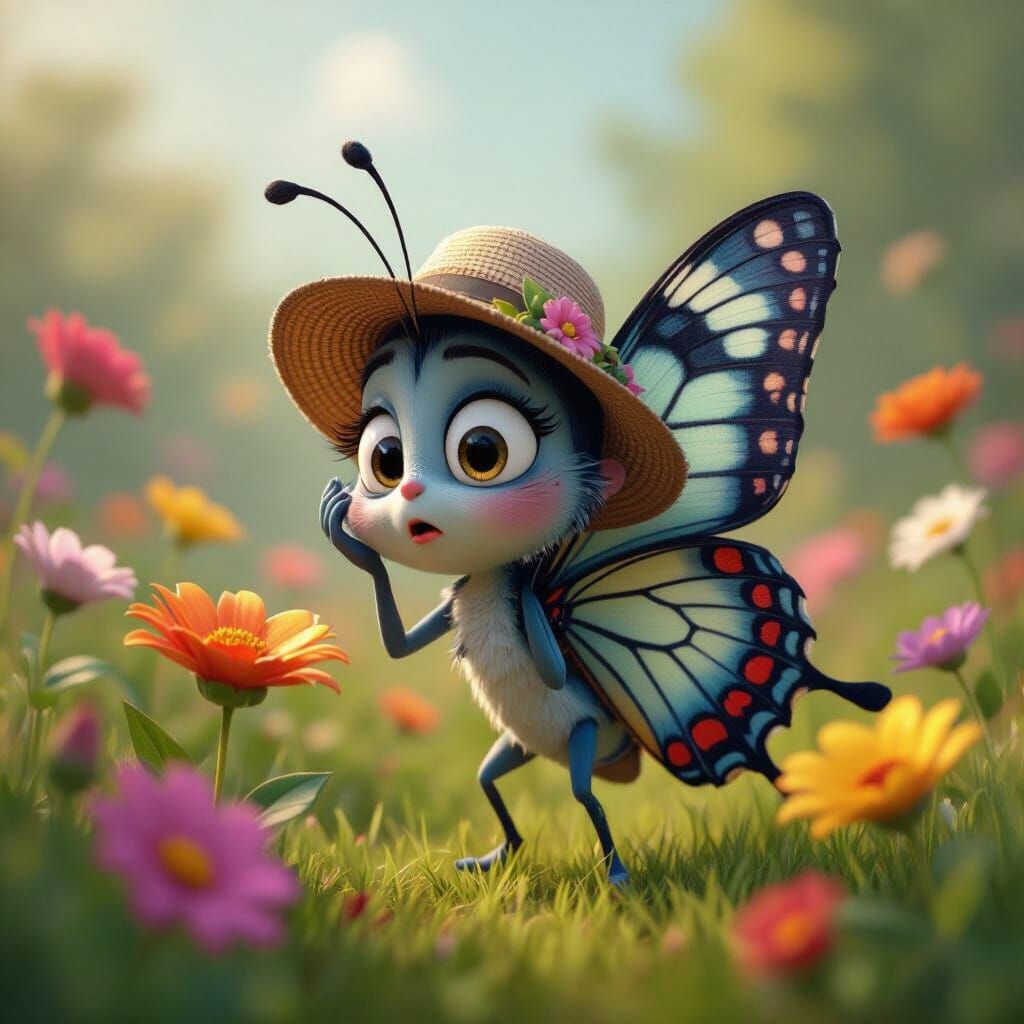 Bewildered Butterfly in Whimsical Pixar Scene