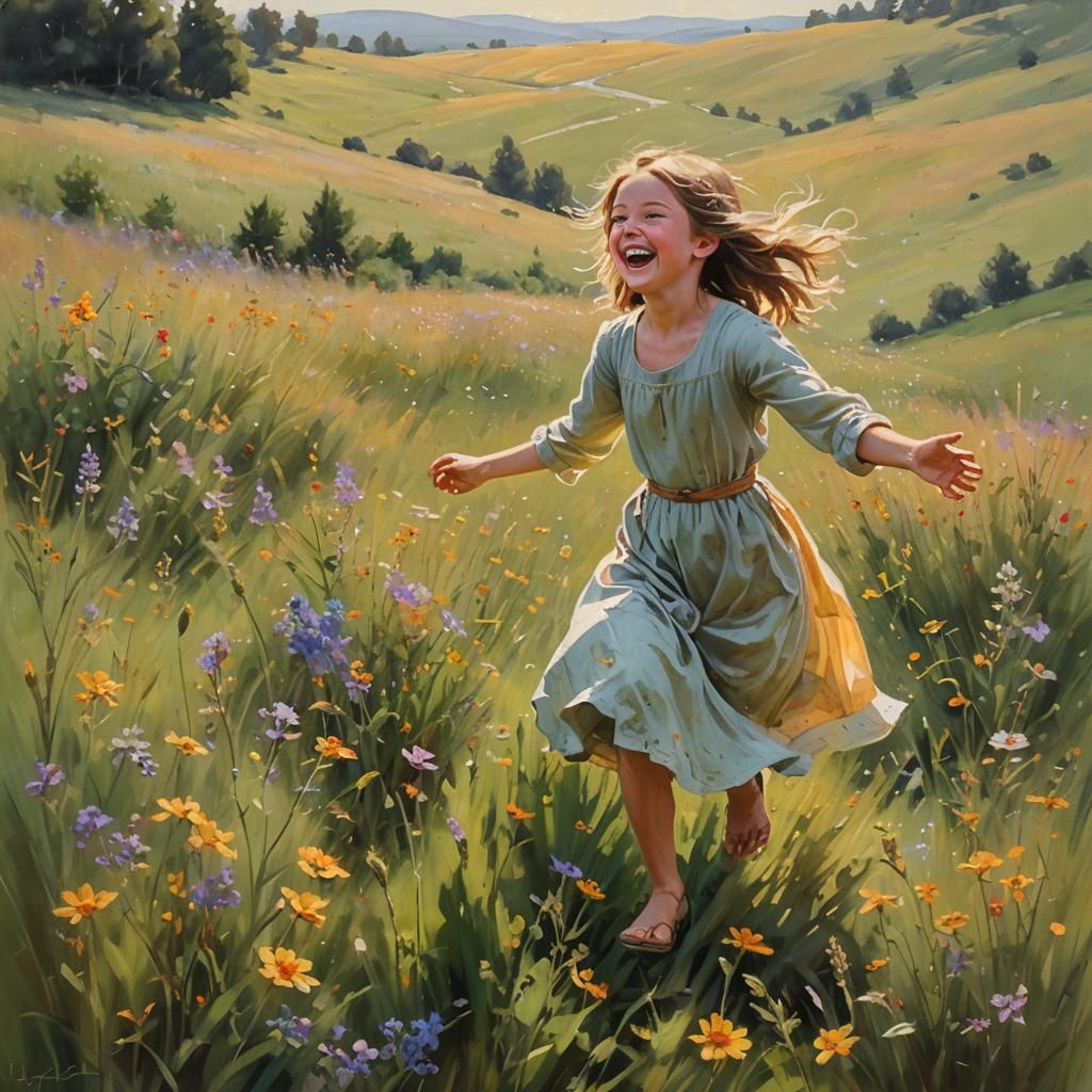 Laughing Girl in Wildflower Field, Oil Painting