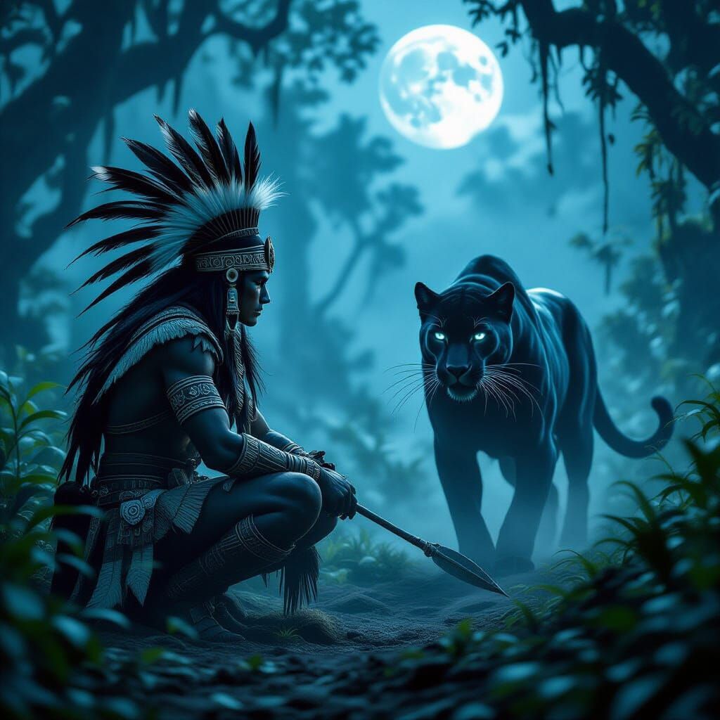 Tribal Hunter and Panther Spirit in Moonlit Jungle