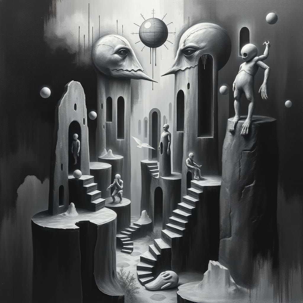 Monochromatic Surreal Dreamscape in Grayscale Palette