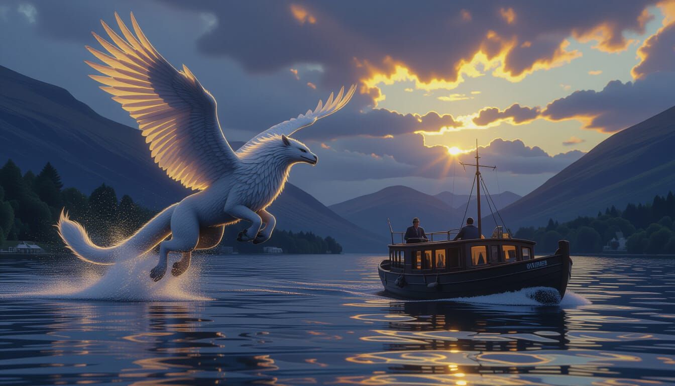 Gryphon Flight Over Loch Ness in Digital Painting Style
