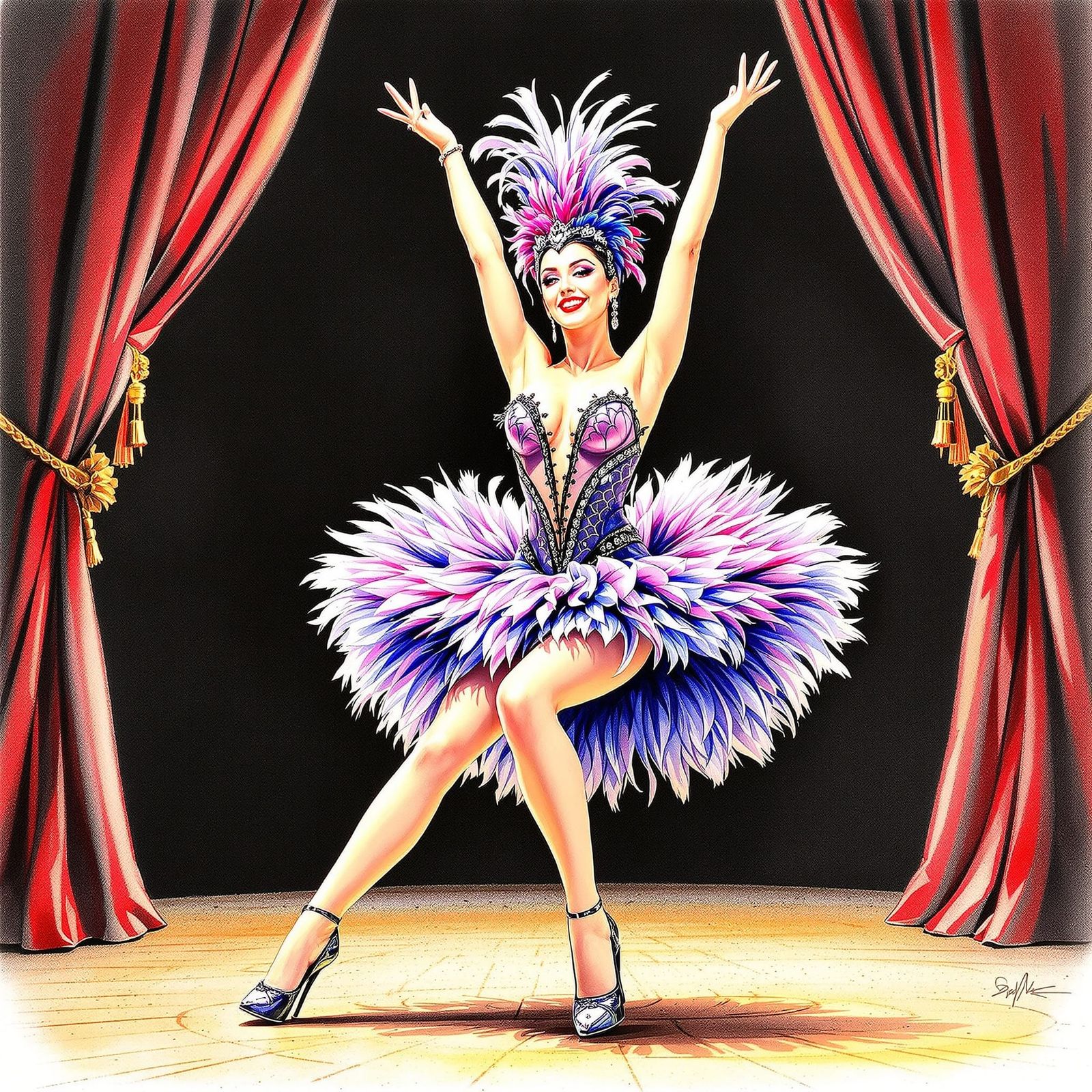 Cancan Dancer in Cabaret: Detailed Pencil Art
