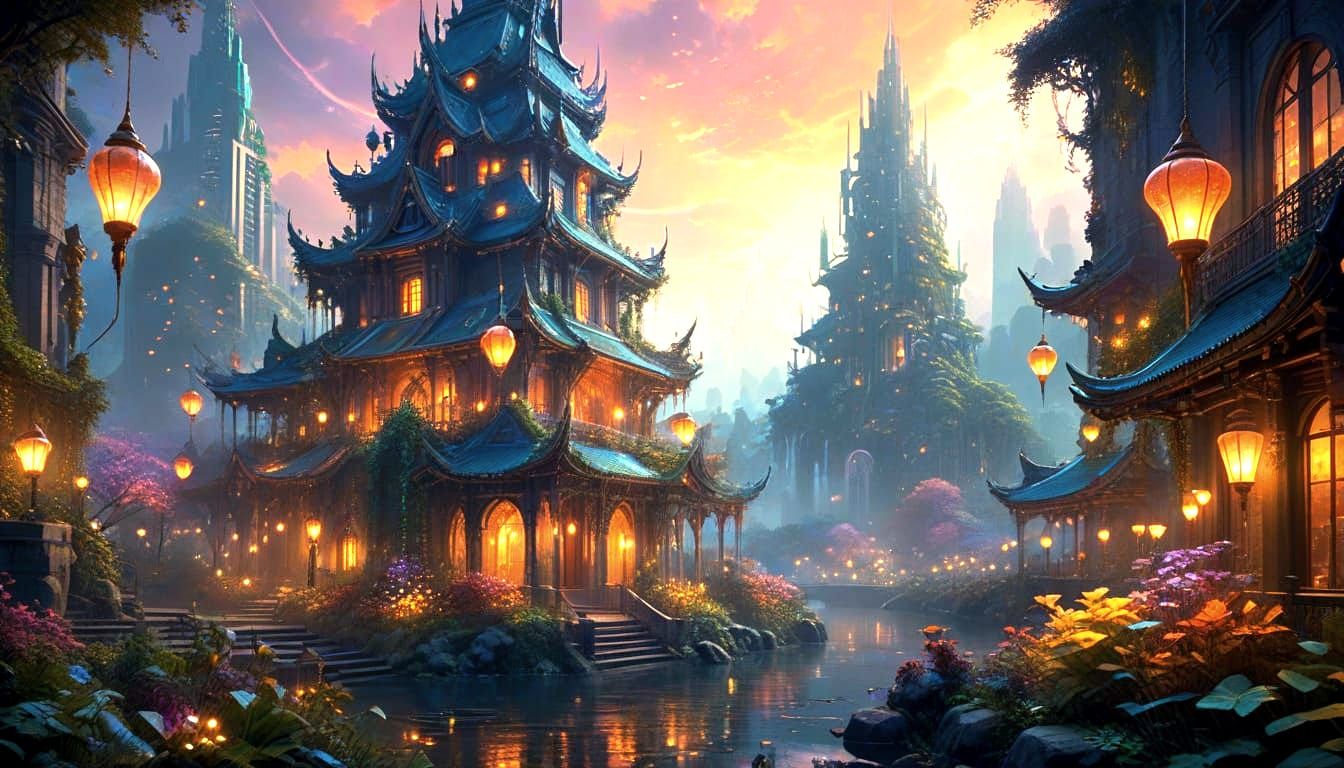 Futuristic Harmony in Ethereal Fantasy Landscapes