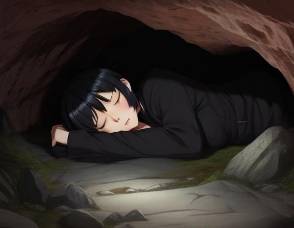 Anime Girl Sleeping in Cave, Manga Style