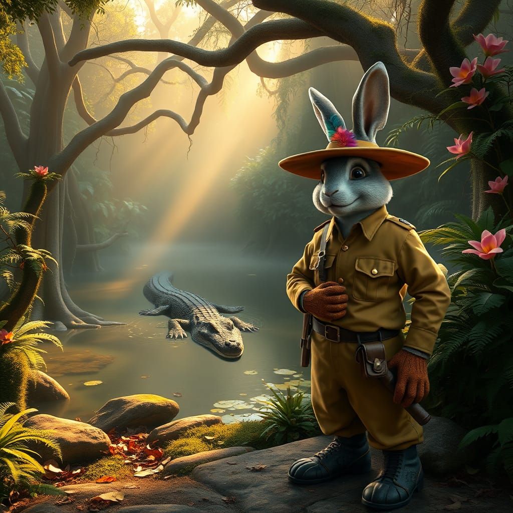 Rabbit Zookeeper at Crocodile Lake in Dreamlike Style
