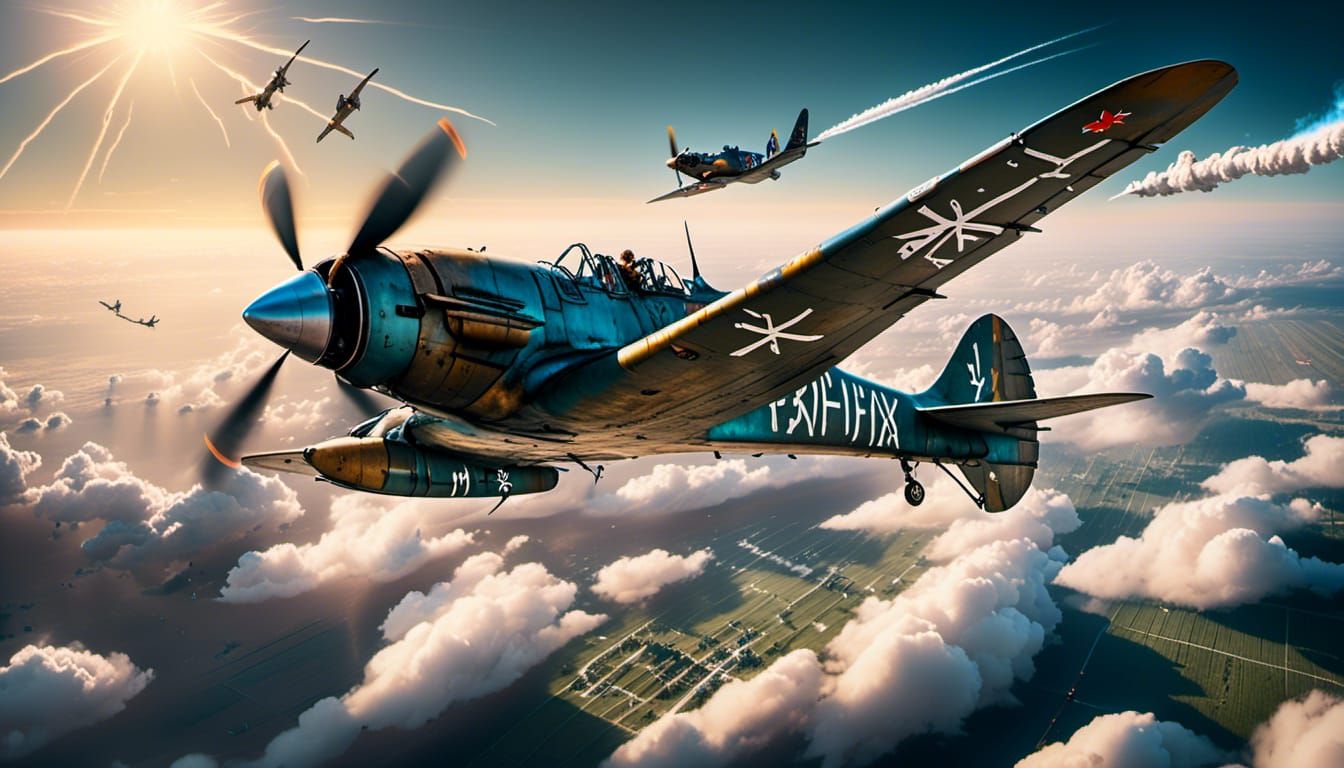 WWII Japanese Zero Aerial Dogfight in Golden Light