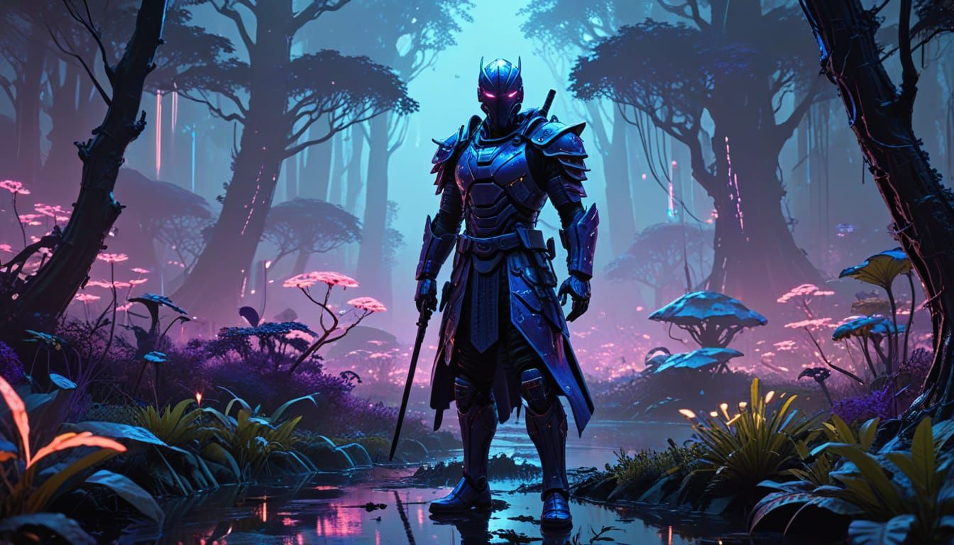 Cyberpunk Samurai Guardian of Bioluminescent Forest