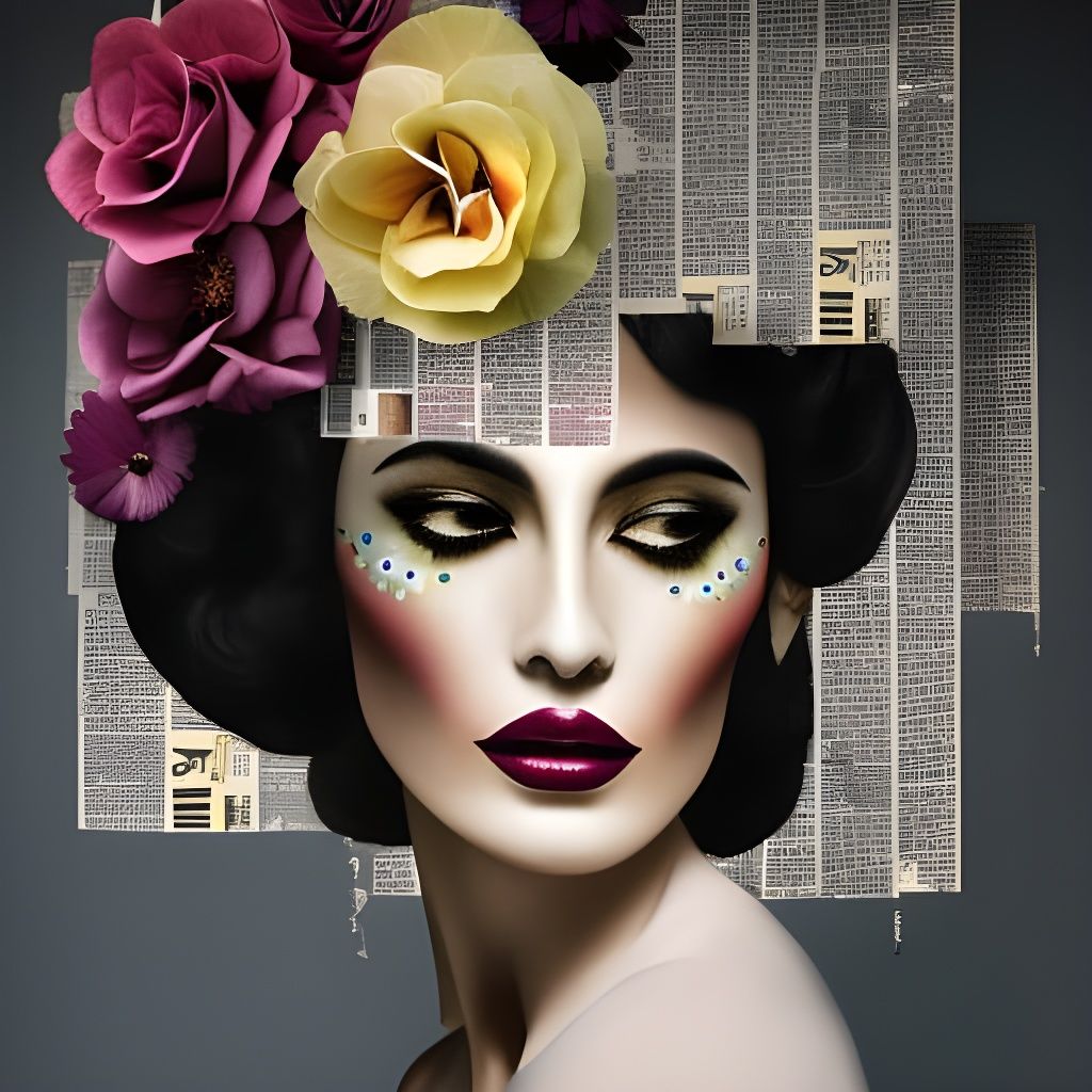 Retro Woman with Flowers Collage Art Print