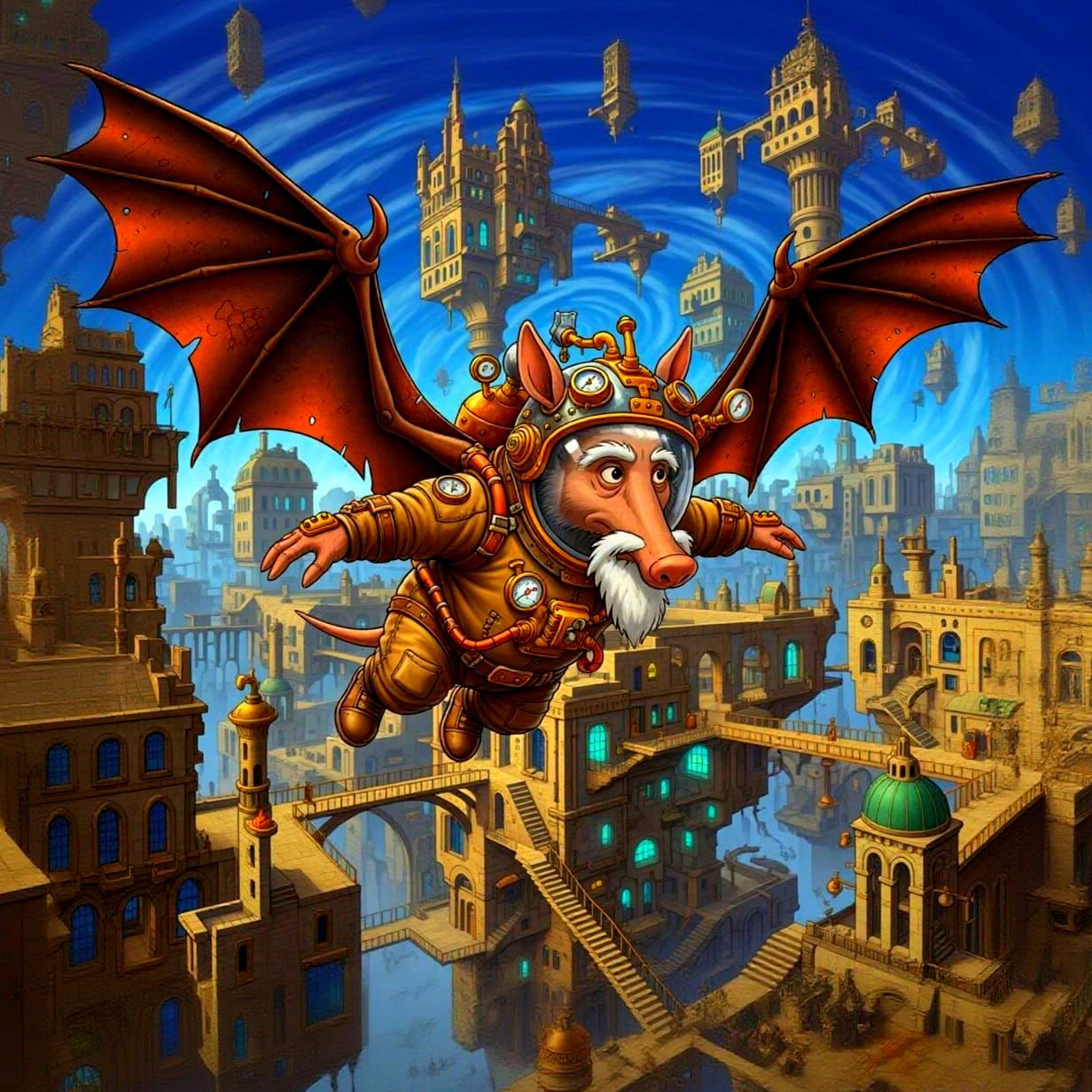 Steampunk Aardvark Soaring Over Escher-Inspired City